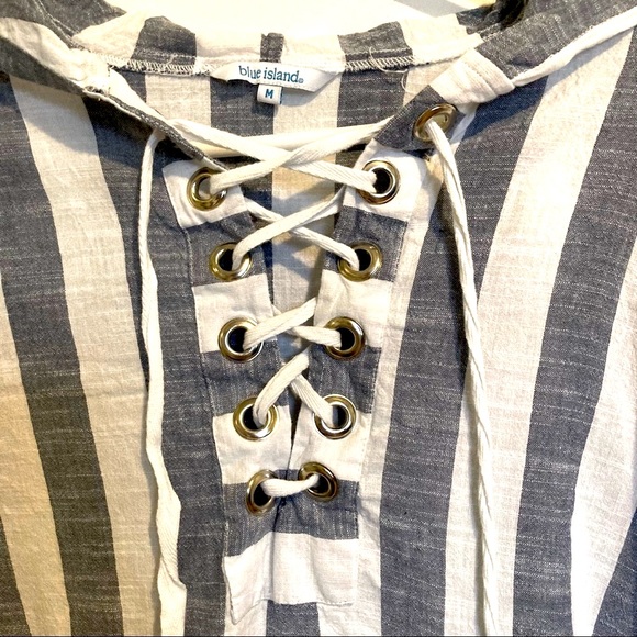 BLUE ISLAND Beach Swim Coverup Tunic Nautical Stripe Lace Up Hoodie Medium - Picture 10 of 14